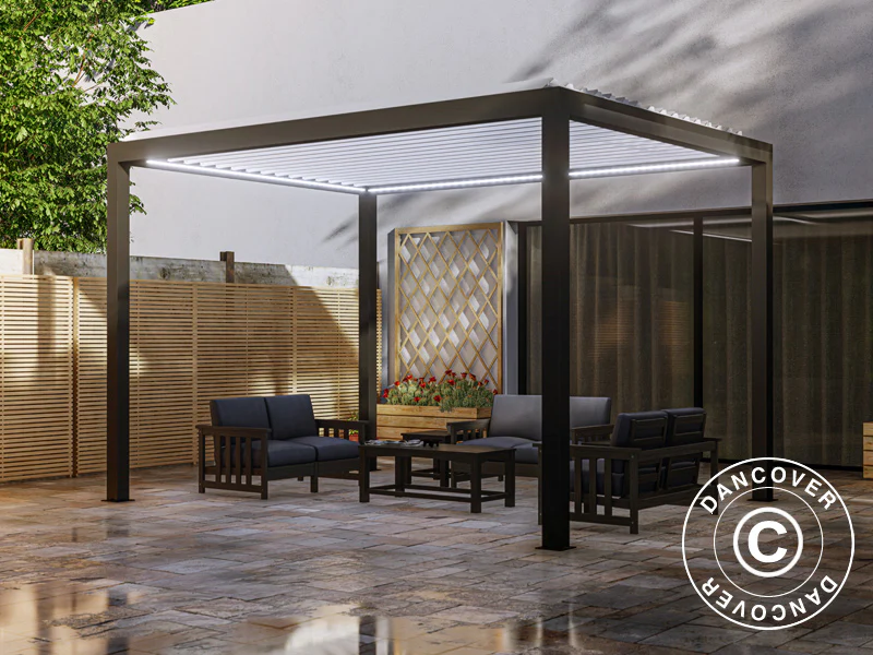 Bioklimatisk pergola pavillon Génova m/LED-lys, 4x4m, Antracit/Hvid - Image 3