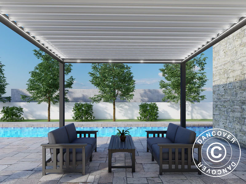 Bioklimatisk pergola pavillon Génova m/LED-lys, 4x4m, Antracit/Hvid - Image 5