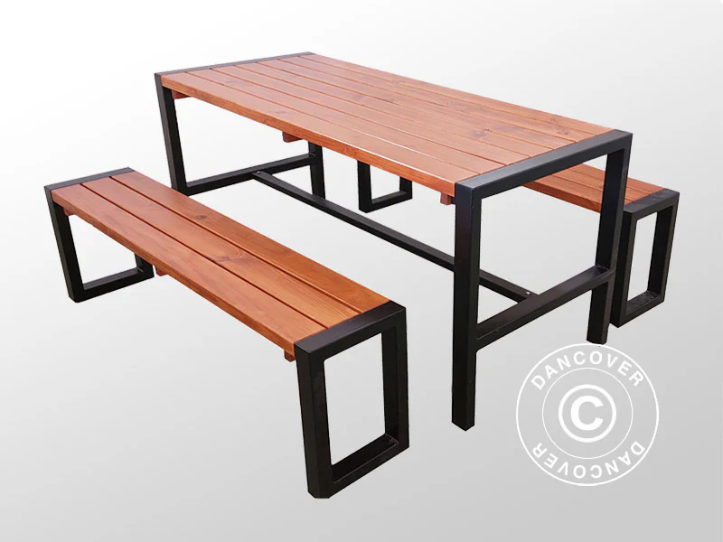 Bord/bænkesæt, 166x70cm/150x30cm, Mørkt træ/Sort - Image 2