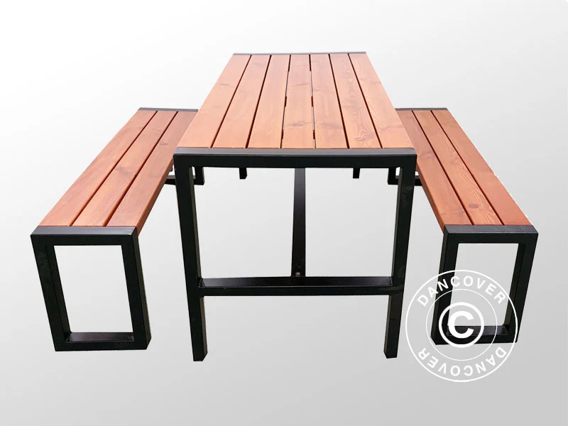 Bord/bænkesæt, 166x70cm/150x30cm, Mørkt træ/Sort - Image 3