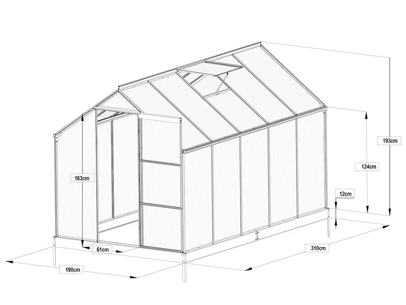 Drivhus Polycarbonat 5,89m², 1,9x3,1x2,05m m/sokkel, Sort - Image 11