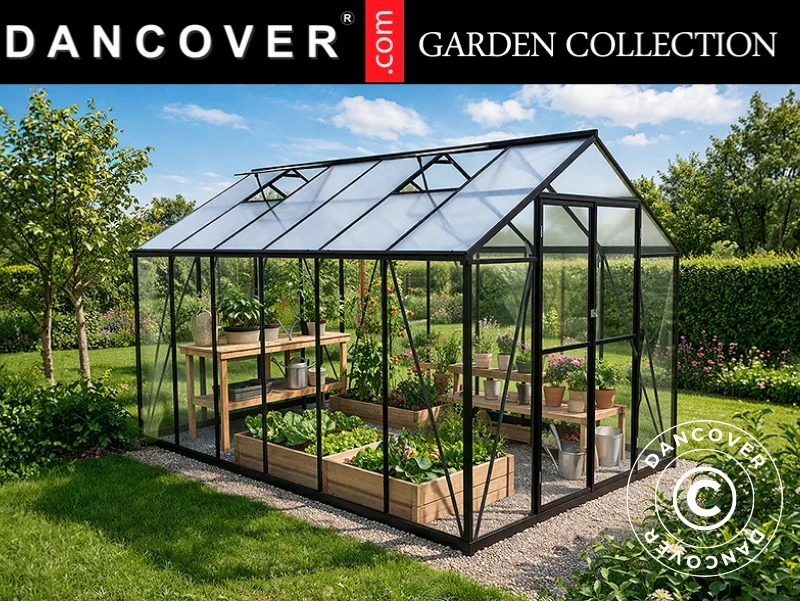 Drivhus polycarbonat 8,94m², 2,47x3,62x2,13m, Sort