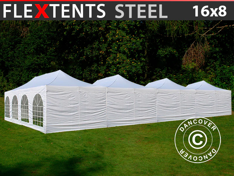 Foldetelt FleXtents® Steel 16x8m Hvid, inkl. 10 sider