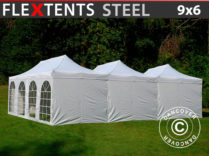 Foldetelt FleXtents® Steel 9x6m Hvid, inkl. 8 sider