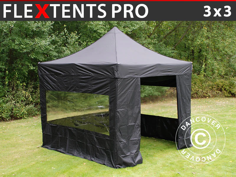 Foldetelt FleXtents PRO 3x3m Sort, inkl. 4 sider