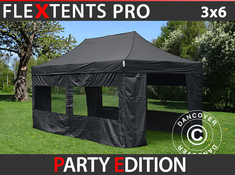 Foldetelt FleXtents PRO 3x6m Sort, inkl. 6 sider