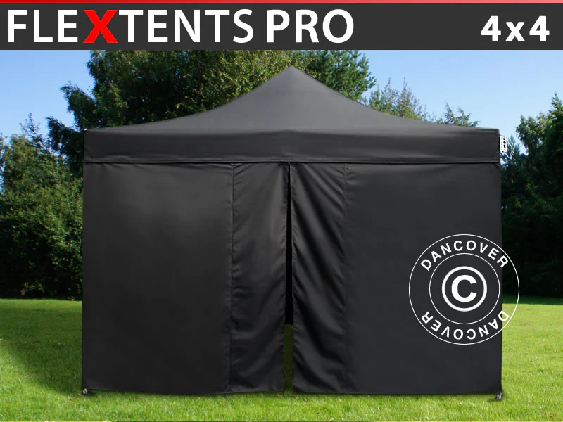 Foldetelt FleXtents PRO 4x4m Sort, inkl. 4 sider