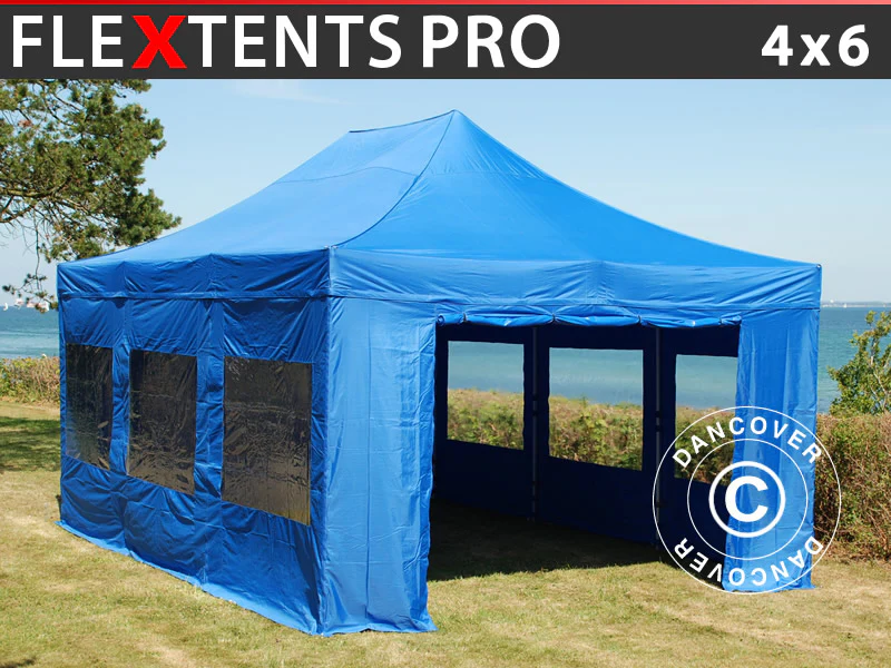Foldetelt FleXtents PRO 4x6m Blå, inkl. 8 sider