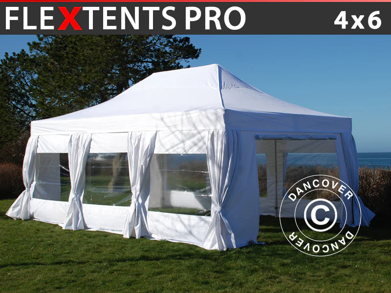 Foldetelt FleXtents PRO 4x6m Hvid, inkl. 8 sider & pyntegardiner