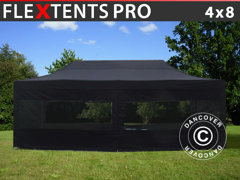 Foldetelt FleXtents PRO 4x8m Sort, inkl. 6 sider