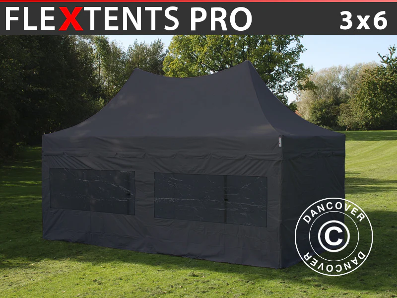Foldetelt FleXtents PRO Peak Pagoda 3x6m Sort, Inkl. 6 sider