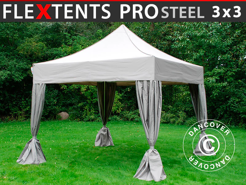 Foldetelt FleXtents PRO Steel 3x3m Latte, inkl. 4 pyntegardiner