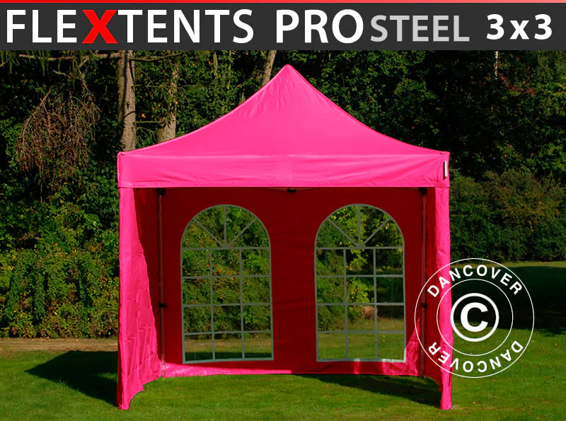Foldetelt FleXtents PRO Steel 3x3m Lyserød, inkl. 4 sider