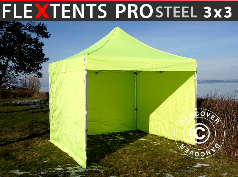 Foldetelt FleXtents PRO Steel 3x3m Neongul/grøn, inkl. 4 sider KUN 4 STK. TILBAGE
