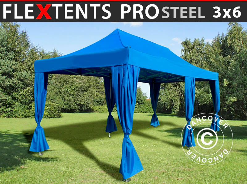 Foldetelt FleXtents PRO Steel 3x6m Blå, inkl. 6 pyntegardiner