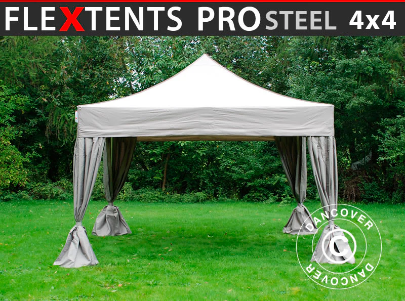 Foldetelt FleXtents PRO Steel 4x4m Latte, inkl. 4 pyntegardiner