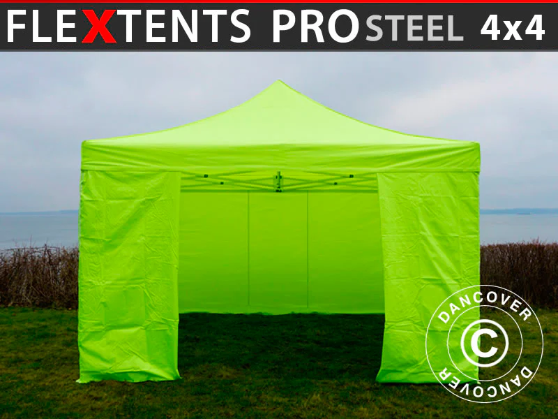 Foldetelt FleXtents PRO Steel 4x4m Neongul/grøn, inkl. 4 sider