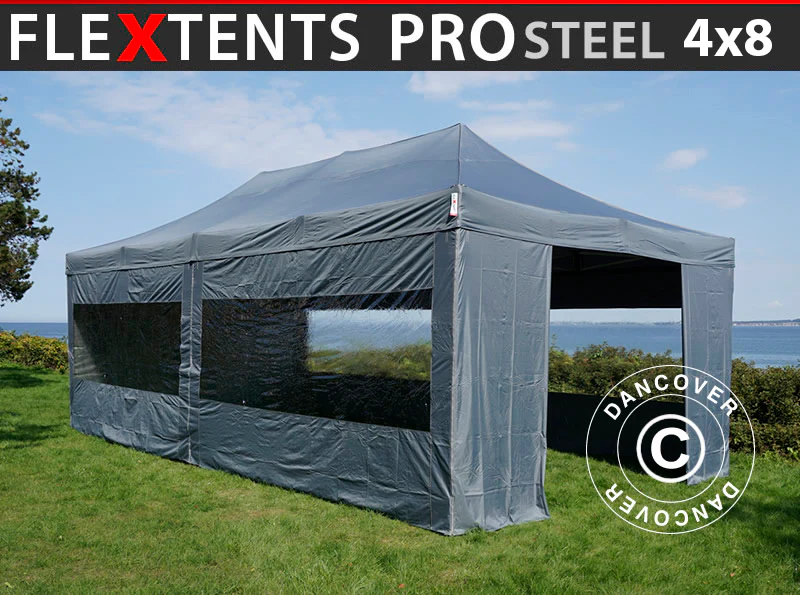 Foldetelt FleXtents PRO Steel 4x8m Grå, inkl. 6 sider