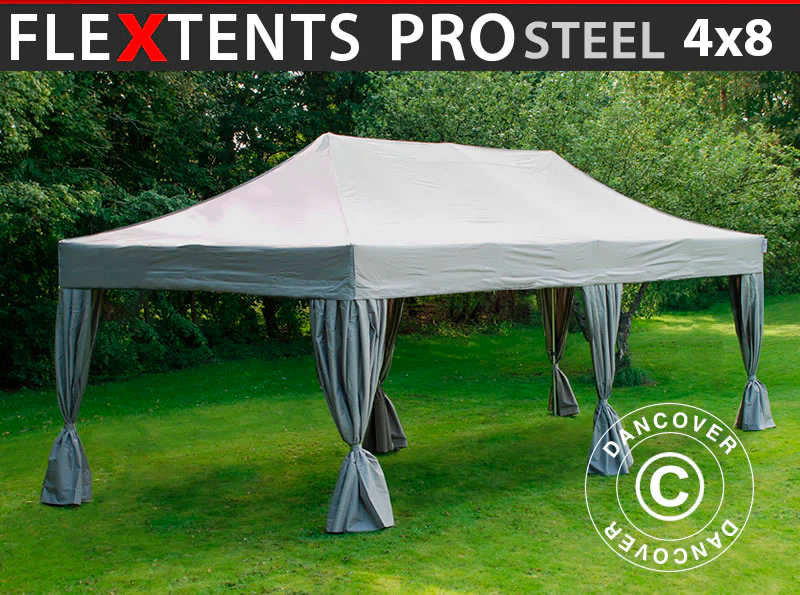 Foldetelt FleXtents PRO Steel 4x8m Latte, inkl. 6 pyntegardiner