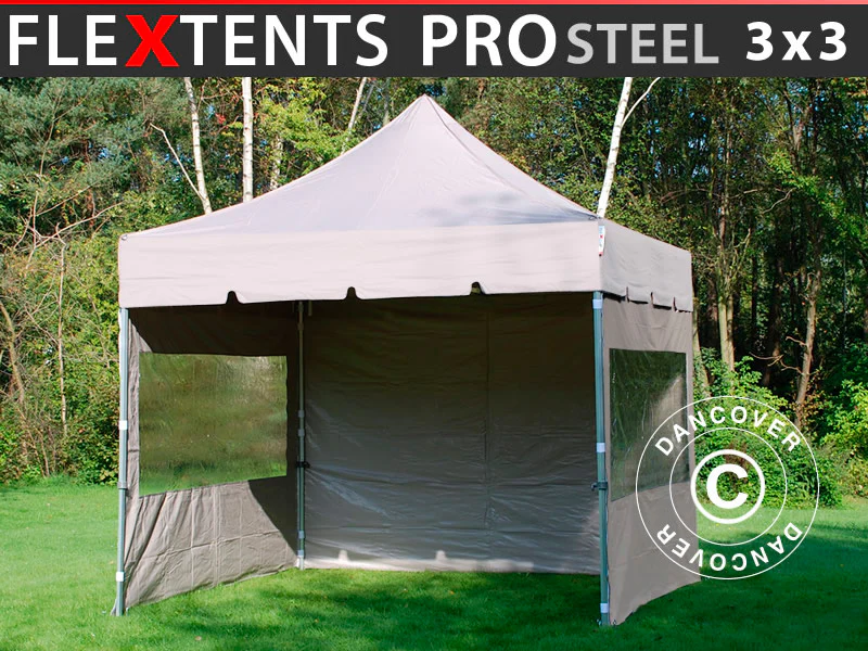 Foldetelt FleXtents PRO Steel "Peaked" 3x3m Latte, inkl. 4 sider