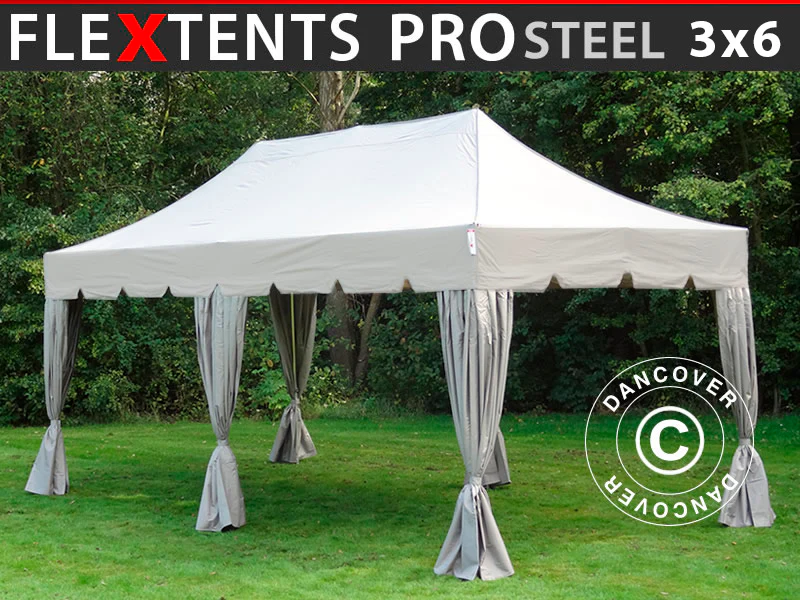 Foldetelt FleXtents PRO Steel "Peaked" 3x6m Latte, inkl. 6 pyntegardiner