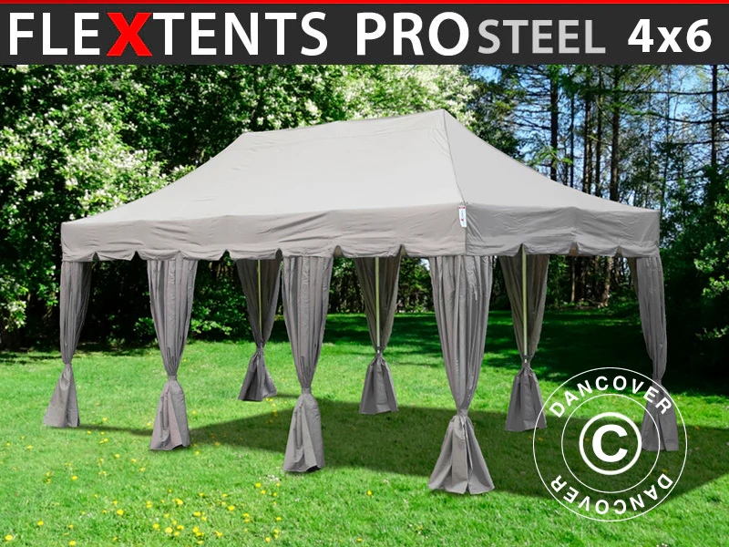 Foldetelt FleXtents PRO Steel "Peaked" 4x6m Latte, inkl. 8 pyntegardiner