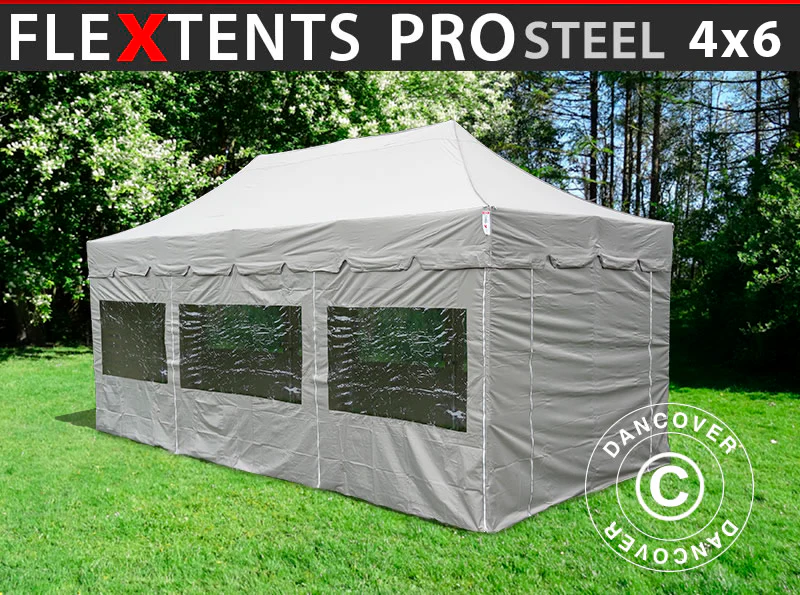 Foldetelt FleXtents PRO Steel "Peaked" 4x6m Latte, inkl. 8 sider