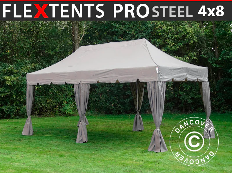 Foldetelt FleXtents PRO Steel "Peaked" 4x8m Latte, inkl. 6 pyntegardiner