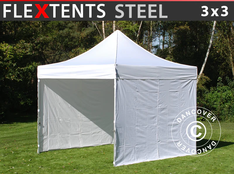 Foldetelt FleXtents Steel 3x3m Hvid, inkl. 4 sider