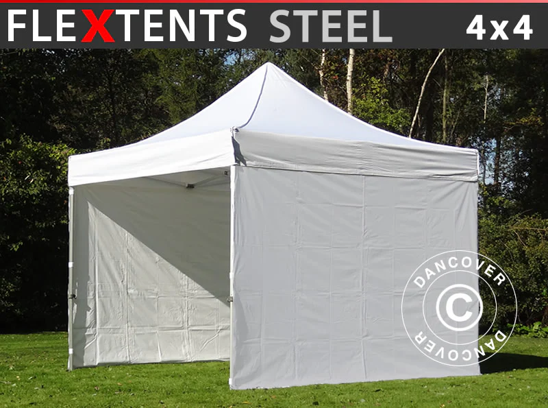 Foldetelt FleXtents Steel 4x4m Hvid, inkl. 4 sider