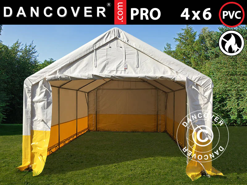 Lagertelt, arbejdstelt PRO 4x6m, PVC, Hvidt/gult, Flammehæmmende