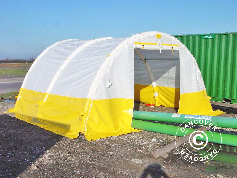 Oppusteligt buet arbejdstelt FleXshelter PRO, 5,5x6m, Hvidt/gult