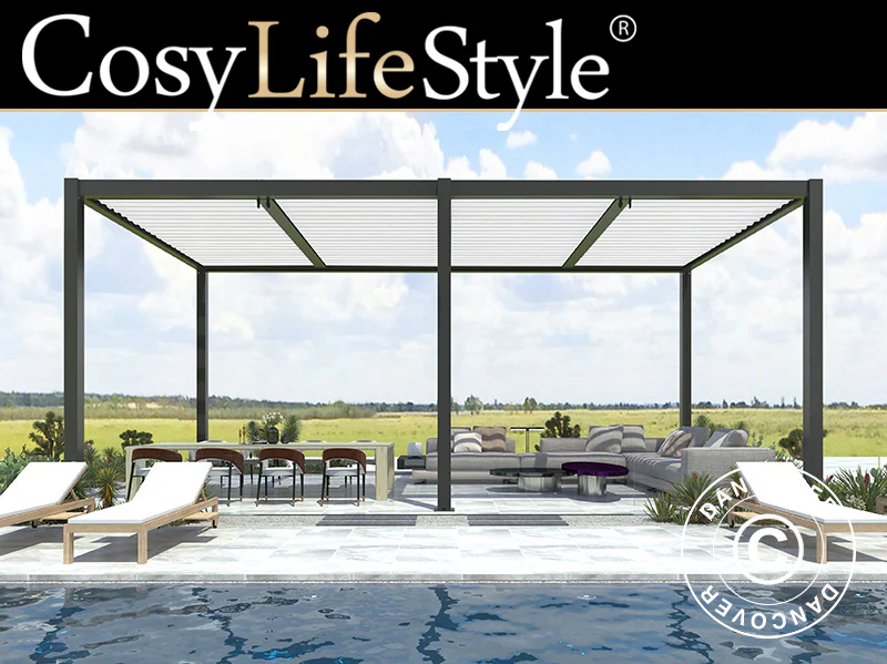 Bioklimatisk pergola pavillon San Pablo Alu+, 4x5,8m, Sort/Hvid