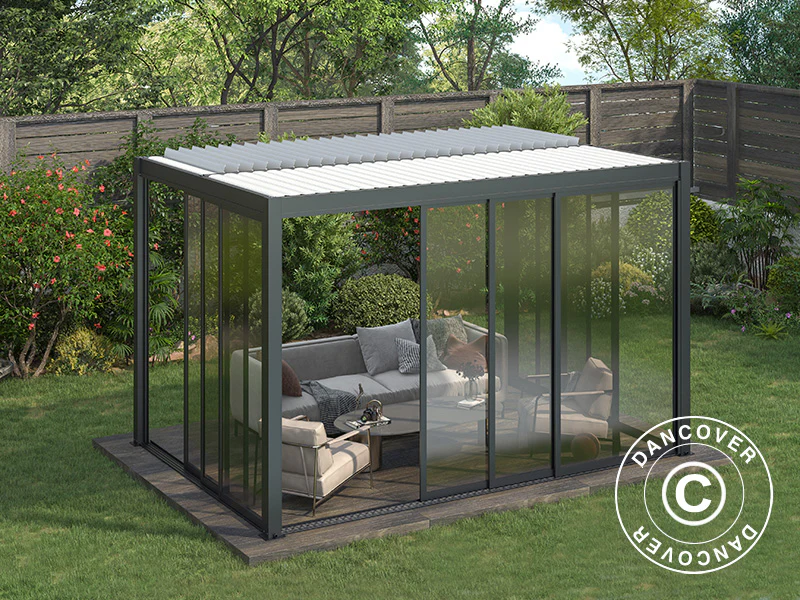 Bioklimatisk pergola pavillon San Pablo Alu+ med skydedøre, 3x4m, Sort/Hvid - Image 5