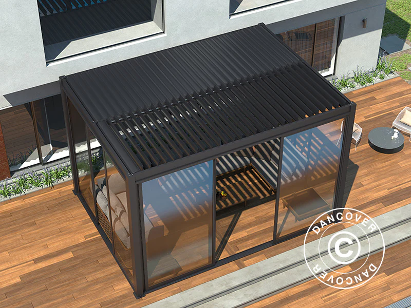 Bioklimatisk pergola pavillon San Pablo Alu+ med skydedøre, 3x4m, Sort - Image 6