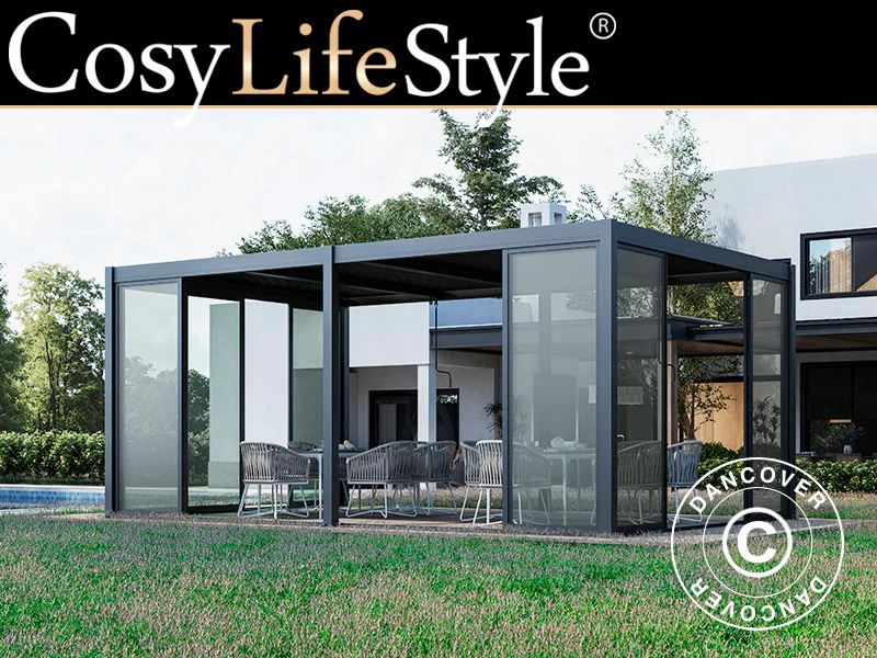 Bioklimatisk pergola pavillon San Pablo Alu+ med skydedøre, 3x5,8m, Sort