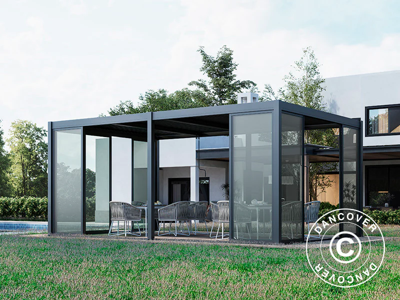 Bioklimatisk pergola pavillon San Pablo Alu+ med skydedøre, 3x5,8m, Sort - Image 2