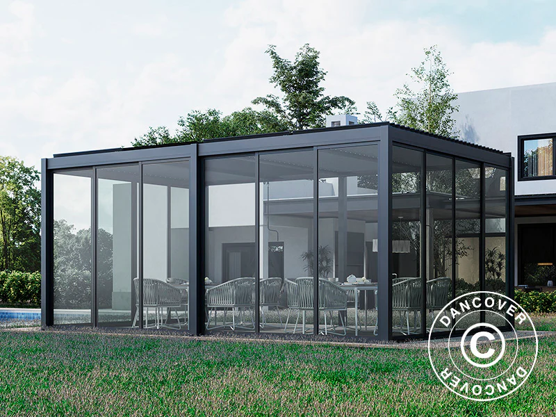 Bioklimatisk pergola pavillon San Pablo Alu+ med skydedøre, 3x5,8m, Sort - Image 3