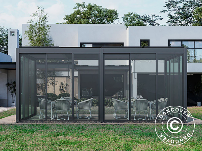 Bioklimatisk pergola pavillon San Pablo Alu+ med skydedøre, 3x5,8m, Sort - Image 4