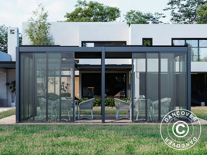 Bioklimatisk pergola pavillon San Pablo Alu+ med skydedøre, 3x5,8m, Sort - Image 5