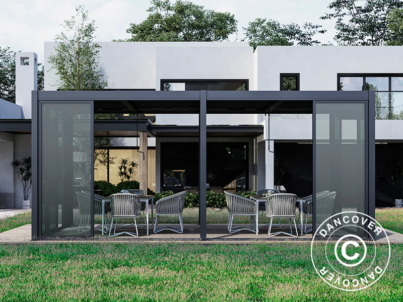 Bioklimatisk pergola pavillon San Pablo Alu+ med skydedøre, 3x5,8m, Sort - Image 6