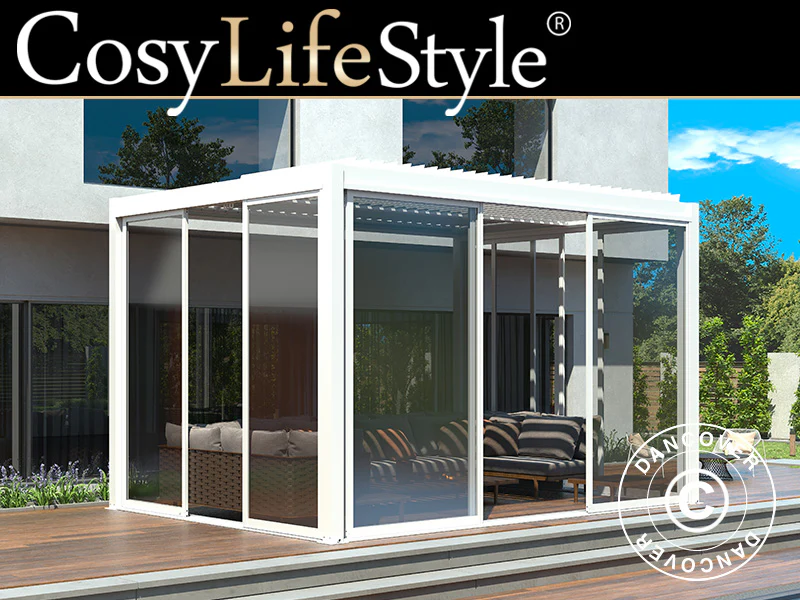 Bioklimatisk pergola pavillon San Pablo Alu+ med skydedøre, 4x4m, Hvid