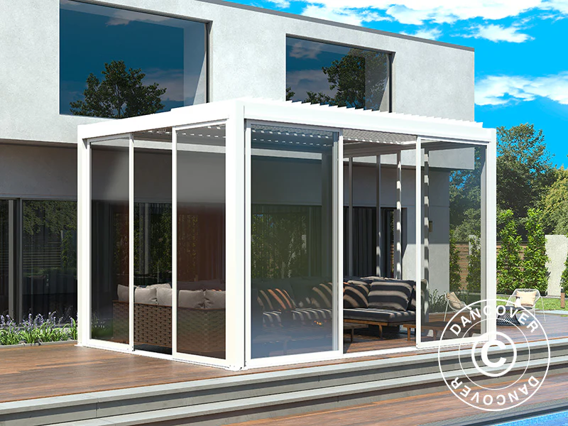 Bioklimatisk pergola pavillon San Pablo Alu+ med skydedøre, 4x4m, Hvid - Image 2
