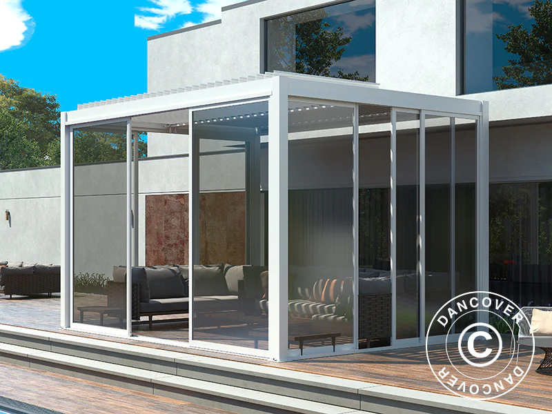 Bioklimatisk pergola pavillon San Pablo Alu+ med skydedøre, 4x4m, Hvid - Image 3