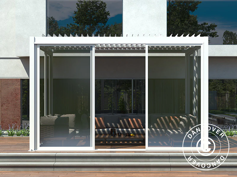 Bioklimatisk pergola pavillon San Pablo Alu+ med skydedøre, 4x4m, Hvid - Image 4