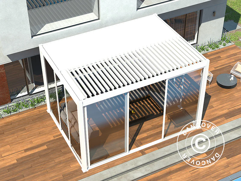 Bioklimatisk pergola pavillon San Pablo Alu+ med skydedøre, 4x4m, Hvid - Image 5