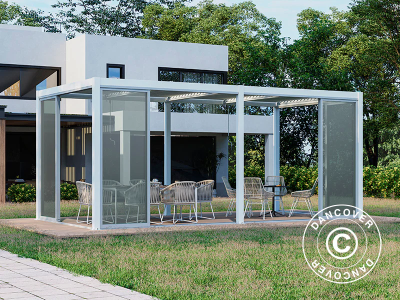 Bioklimatisk pergola pavillon San Pablo Alu+ med skydedøre, 4x5,8m, Hvid - Image 2
