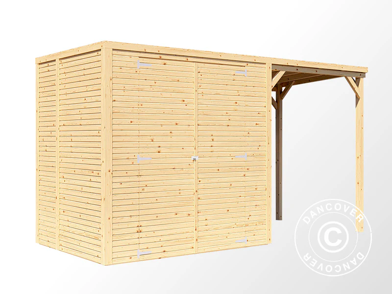 Redskabsskur i træ m/udhæng, Bertilo Cubico 2Plus, 3,73x1,57x2,08m, 2,43m² + 3,37m², Natur - Image 3