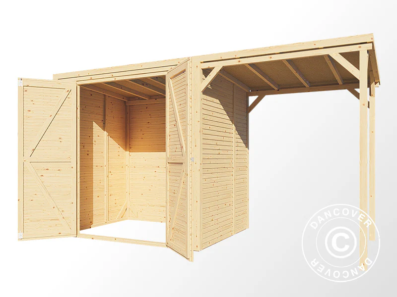 Redskabsskur i træ m/udhæng, Bertilo Cubico 2Plus, 3,73x1,57x2,08m, 2,43m² + 3,37m², Natur - Image 4