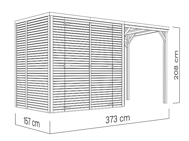 Redskabsskur i træ m/udhæng, Bertilo Cubico 2Plus, 3,73x1,57x2,08m, 2,43m² + 3,37m², Natur - Image 5